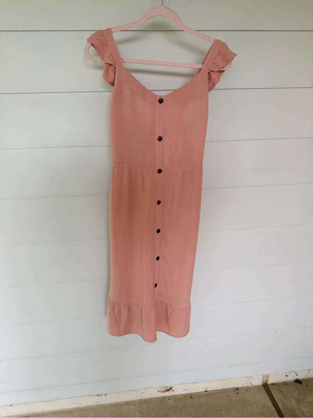 Women's Peach Button-Front Midi Dress with Ruffle Straps